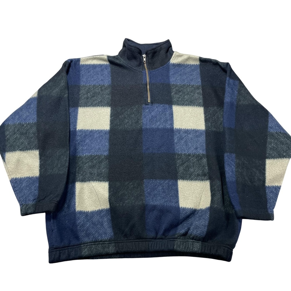 Vintage Bugle Boy Pullover Mens Large Blue Plaid Fleece 1/4 Zip Mock Neck